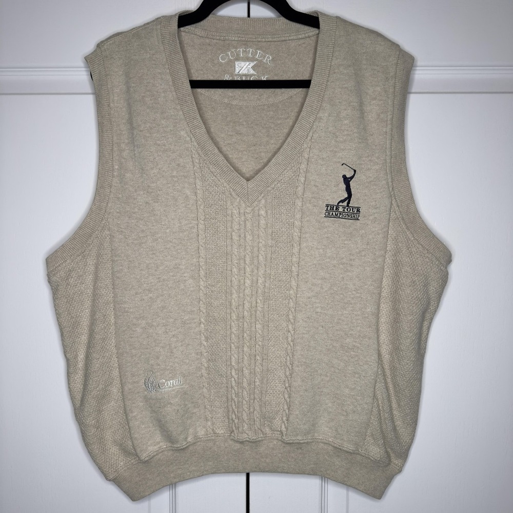Cutter & Buck Sweater Vest Mens Large Beige V Neck Knit Tour Championship Golf
